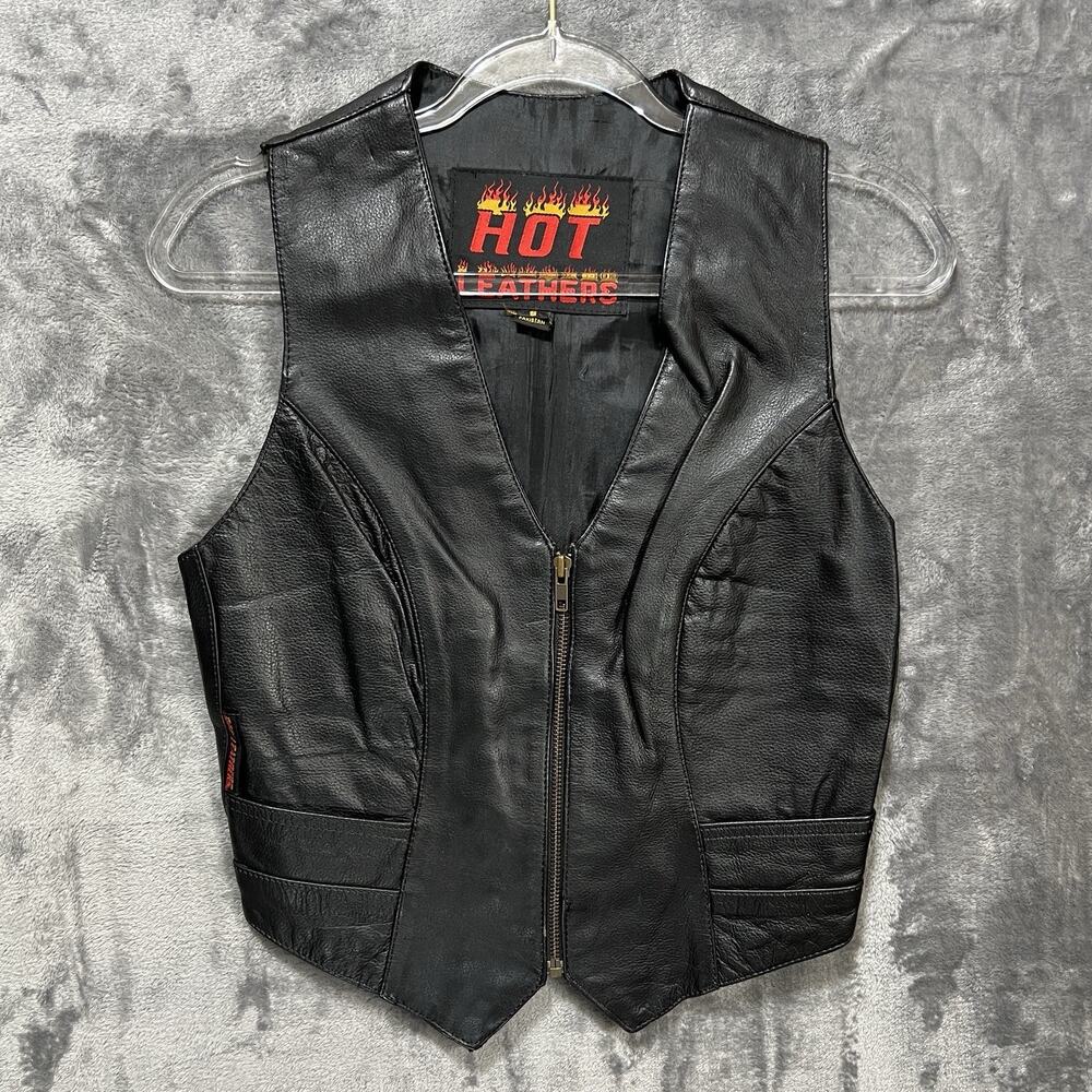 HOT LEATHERS Womens Moto Biker Leather Zip Vest Sz S Sturgis Patches Fitted Lady